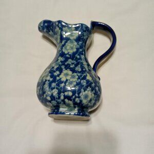 Vintage Ironstone China Pitcher Cobalt Blue & White Calico Floral Design